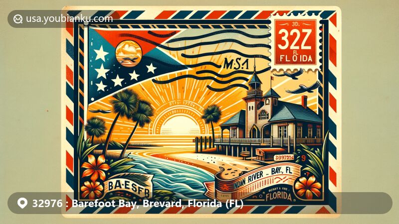 Modern illustration of Barefoot Bay, Brevard County, Florida, featuring scenic Indian River Lagoon on a vintage air mail envelope, adorned with Florida state flag and postmark '32976 Barefoot Bay, FL'.