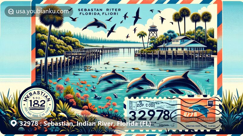 Modern illustration of Sebastian, Indian River County, Florida, capturing scenic views of Indian River Lagoon with dolphins and shorebirds, featuring iconic landmarks like McLarty Treasure Museum and Sebastian Fishing Museum.
