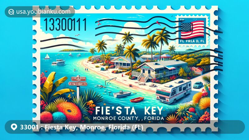 Modern illustration of Fiesta Key, Monroe County, Florida, capturing the essence of the island with tropical landscapes, palm trees, and turquoise waters, and showcasing a vibrant postcard design with postal elements symbolizing ZIP code 33001.