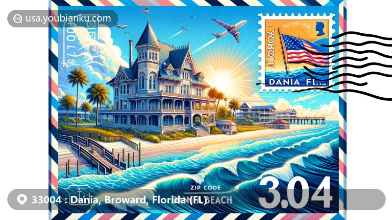 Modern illustration of Dania Beach, Florida, featuring Nyberg-Swanson House in an airmail envelope with Florida state flag stamp and '33004 Dania, FL' postmark, set against Blue Wave Beach backdrop.