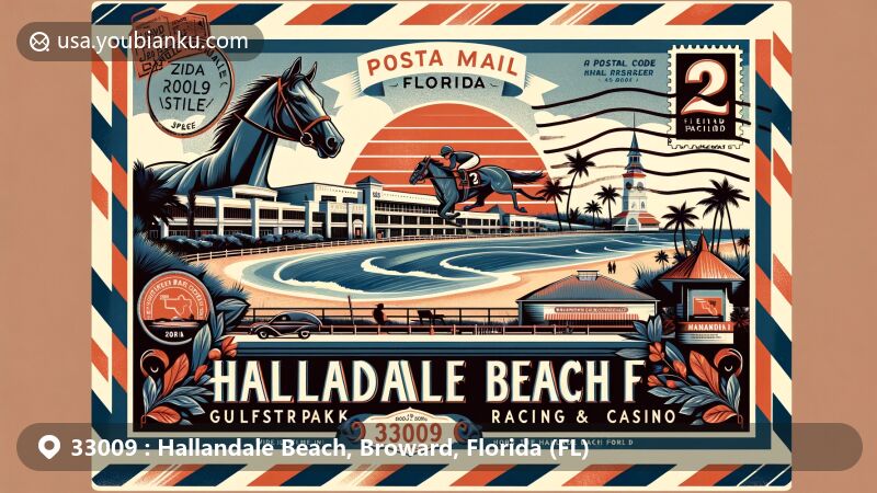 Creative illustration of Hallandale Beach, Florida, in Broward County, featuring Gulfstream Park Racing and Casino with horse racing and casino, blending coastal beauty with pristine beaches and vibrant sunsets, incorporating Florida state flag. Air mail envelope with Broward County stamp, 33009 ZIP Code, date stamp, and iconic red and blue air mail edge.