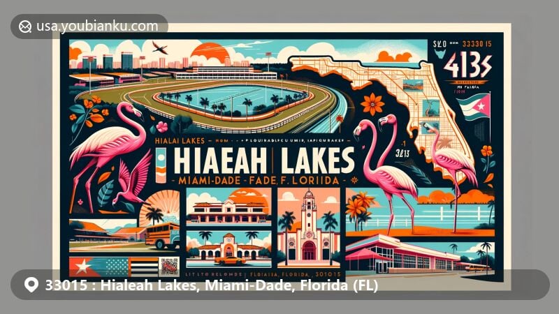 Modern illustration of Hialeah Lakes, Miami-Dade, Florida, portraying vibrant postcard design with ZIP code 33015, featuring Hialeah Park Race Track, Cuban cultural influence, and Florida state symbols.