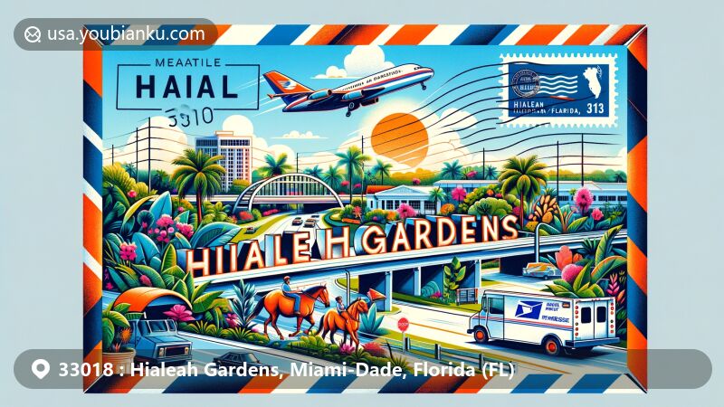 Modern illustration of Hialeah Gardens, Miami-Dade, Florida, emphasizing the postal theme with ZIP code 33018, capturing the town's history in horse raising and featuring Okeechobee Road, Palmetto Expressway, and local palm trees.