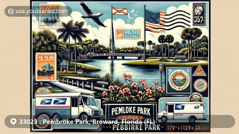 Modern illustration of Pembroke Park, Florida, blending natural beauty and community spirit with postal theme, featuring iconic lakes and parks, symbolizing the transformation from quarries and nurseries to vibrant community spaces, incorporating Florida elements like palm trees and state flag, and integrating postal elements like vintage postcards or airmail envelopes decorated with ZIP code '33023', postal trucks, and mailboxes. The design conveys a welcoming and connected feel, reflecting Pembroke Park's history, natural charm, and role in the postal network.