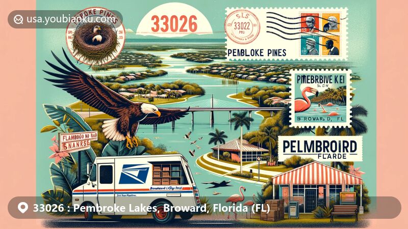 Modern illustration of Pembroke Lakes area in Broward County, Florida, featuring Pembroke Pines Bald Eagle Nest, Flamingo Road Nursery, and South Regional/Broward College Library, with postal elements like vintage airmail envelope, local landmark stamps, and postal truck with '33026 Pembroke Lakes, FL' postmark, set against lush Florida landscape and River of Grass ArtsPark.