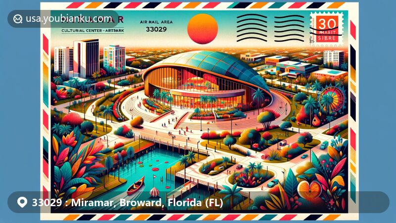 Modern illustration of Miramar, Broward County, Florida, capturing the vibrant spirit of the 33029 ZIP code area, highlighting the Miramar Cultural Center | ArtsPark and the city's cultural diversity with nods to Jamaican, Haitian, Cuban, Colombian, and Venezuelan influences.
