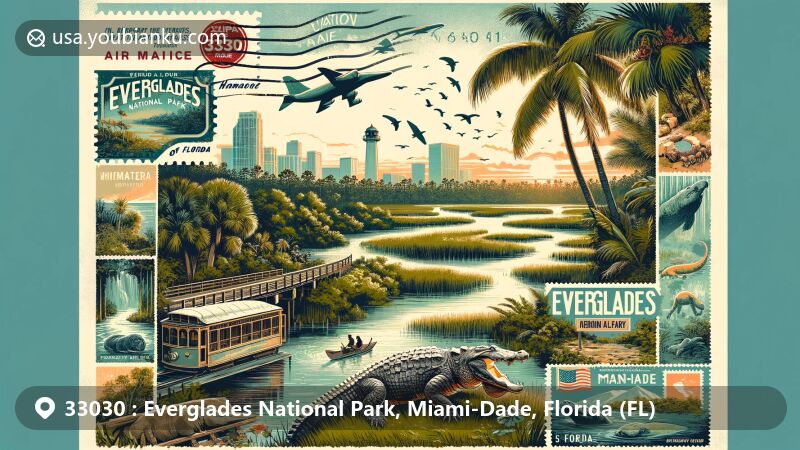 Modern illustration of Everglades National Park in the 33030 ZIP code area of Miami-Dade County, Florida, featuring iconic wildlife like American crocodiles, manatees, and Florida panthers, with Shark Valley's tram tour and observation tower.