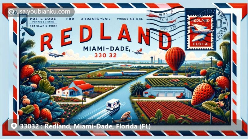 Modern illustration of Redland, Miami-Dade, Florida, showcasing postal theme with ZIP code 33032, featuring strawberry fields, Fruit and Spice Park, Coral Castle, Biscayne National Park, and Everglades National Park.