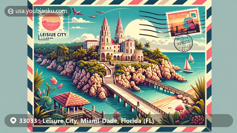Modern illustration of Leisure City, Miami-Dade, Florida, featuring the Coral Castle Museum and scenic natural views, designed in vibrant postcard style with airmail envelope frame and Florida state flag stamp.