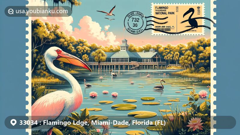 Modern illustration of Flamingo Lodge, Everglades National Park, Florida, capturing wetland landscape with birds like pelicans or herons, featuring Guy Bradley Visitor Center.