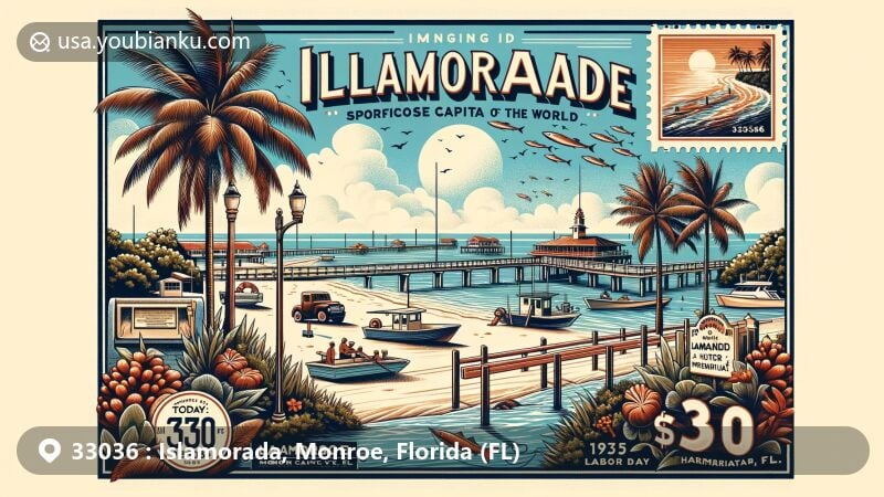 Modern illustration of Islamorada, Monroe County, Florida, showcasing postal theme with ZIP code 33036, featuring Overseas Highway, 1935 Labor Day Hurricane Memorial, and tropical elements symbolizing Sportfishing Capital of the World.