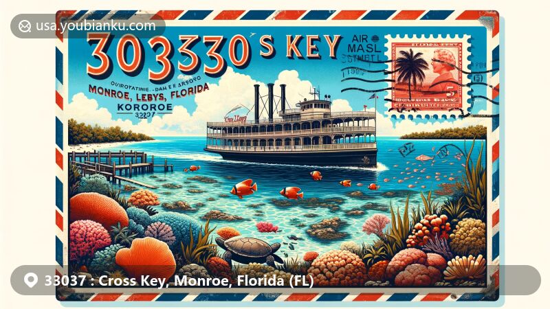 Vibrant illustration of Key Largo, Monroe County, Florida, showcasing coral reefs, marine life, and the African Queen steamboat, set in a tropical Florida Keys backdrop within a vintage air mail envelope.