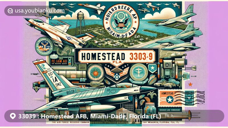 Modern illustration of Homestead Air Reserve Base, Miami-Dade County, Florida, highlighting ZIP code 33039 with F-16C fighter jets, vintage aircraft, air mail motifs, and natural scenery of Homestead and southern Florida.