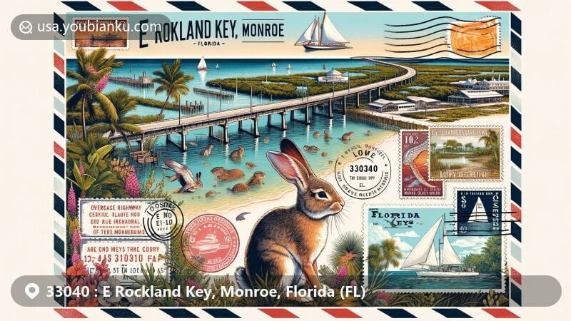Modern illustration of E Rockland Key, Monroe County, Florida, capturing the natural beauty of the Florida Keys with the Overseas Highway, marsh rabbits, and Gulf of Mexico marine life. It includes a bicentennial celebration theme for Monroe County and U.S. Navy presence, presented in a postal design with vintage stamps, air mail envelope border, and ZIP code 33040.