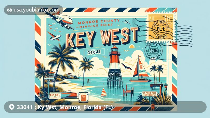 Modern illustration of Key West, Florida, showcasing postal theme with ZIP code 33041, featuring Southernmost Point Buoy, palm trees, and vibrant tropical scenery.
