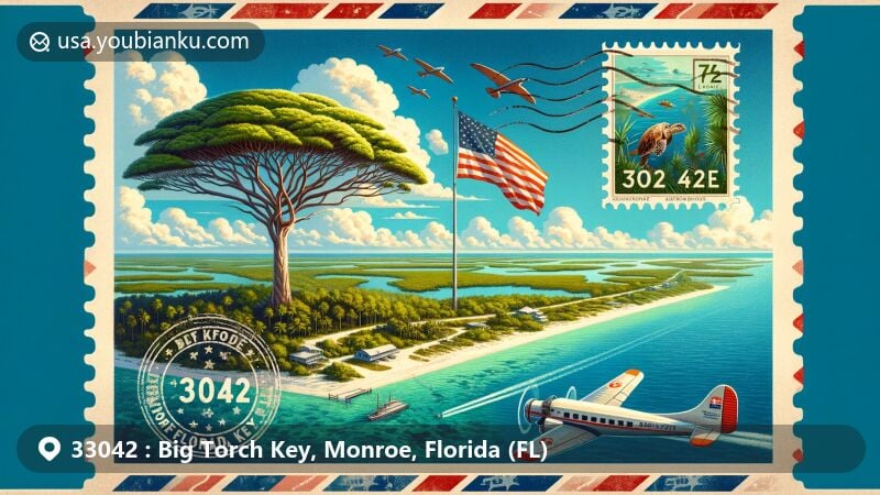 Modern illustration of Big Torch Key, Monroe County, Florida, showcasing lush green vegetation, clear blue waters, and the Sea Torchwood tree, with a postal theme featuring ZIP code 33042 and a unique air mail envelope.