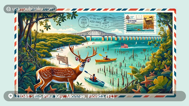 Creative illustration of Big Pine Key, Monroe County, Florida, with focus on National Key Deer Refuge, Bahia Honda State Park, and local recreational activities.