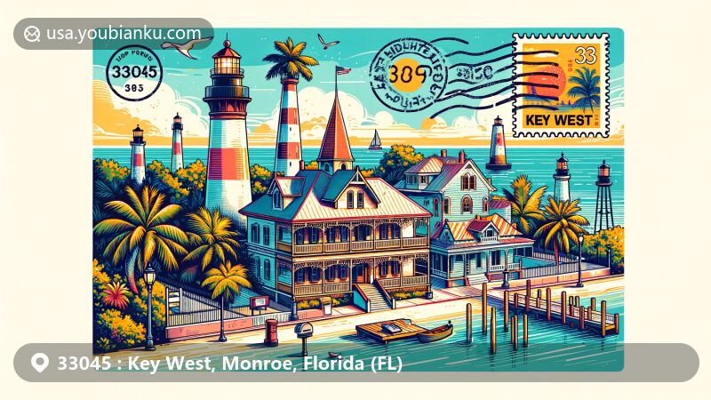 Modern illustration of Key West, Florida, with Hemingway House, Key West Lighthouse, and Southernmost Point, designed as a postcard with vintage stamp, postmark, and ZIP code 33045.