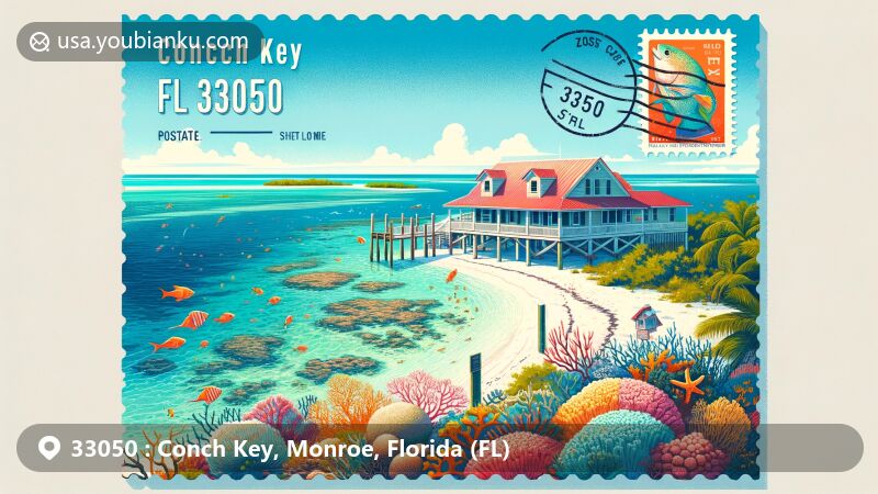 Modern illustration of Conch Key, Florida, showcasing postal theme with ZIP code 33050, featuring vibrant coastal landscape with clear blue waters, coral reefs, tropical fish, and charming Conch House.