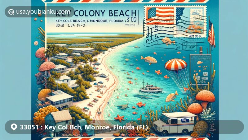 Modern illustration of Key Colony Beach, ZIP code 33051, in the Florida Keys, featuring clear blue waters, sandy shores, coral reefs, and tropical fish, embodying the area's charm as a vacation paradise.