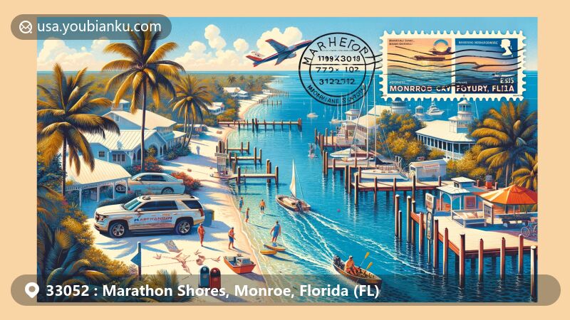 Modern illustration of Marathon Shores, Monroe County, Florida, showcasing tropical waterfront lifestyle and iconic Marathon elements, with a focus on postal theme and ZIP code 33052.