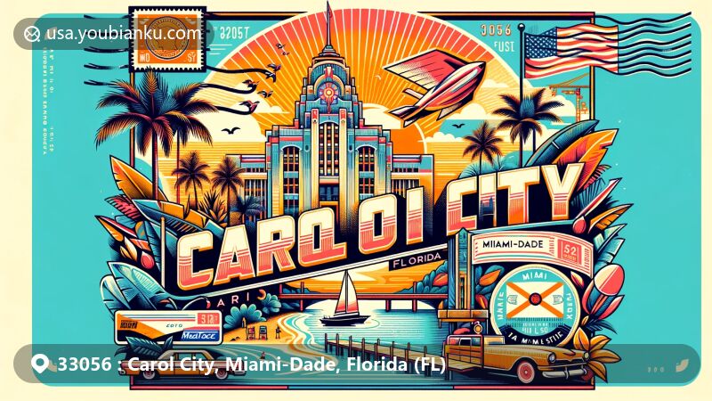 Modern illustration of Carol City, Miami-Dade County, Florida, highlighting postal theme with ZIP code 33056, featuring iconic Florida symbols like palm trees and the state flag.