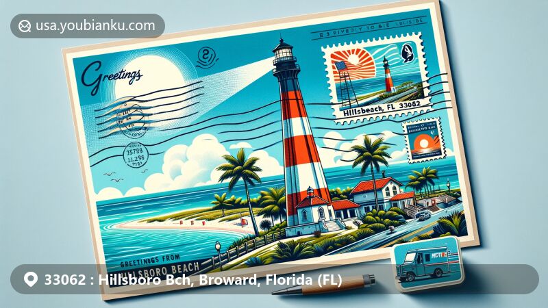 Modern illustration of Hillsboro Beach, Broward County, Florida, featuring Hillsboro Inlet Light and coastal scenery with postcard design, postmark, stamp, mail truck, and Florida coastline.