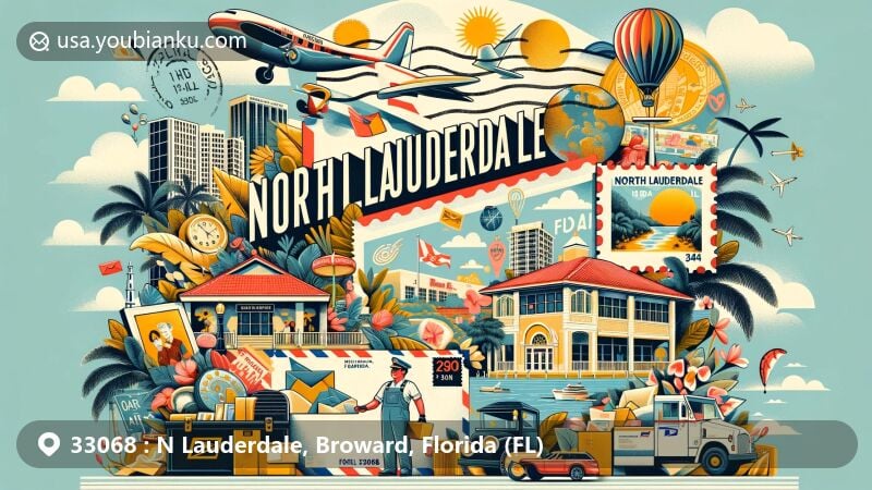 Modern illustration of North Lauderdale, Broward County, Florida, depicting ZIP code 33068 with vibrant postal theme, showcasing community diversity, sunny climate, family-oriented atmosphere, and cultural fusion.