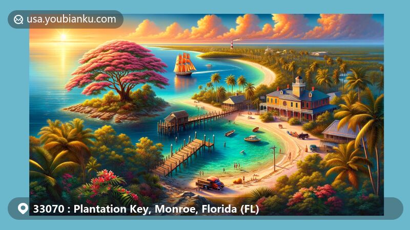 Modern illustration of Plantation Key, Monroe County, Florida, capturing beachside beauty with Overseas Highway, U.S. 1, connecting to Key Largo and Windley Key. Featuring crystal-clear waters, lush foliage, Royal Poinciana tree, and historical nods like coconut and pineapple plants and a schooner on a wooden dock.