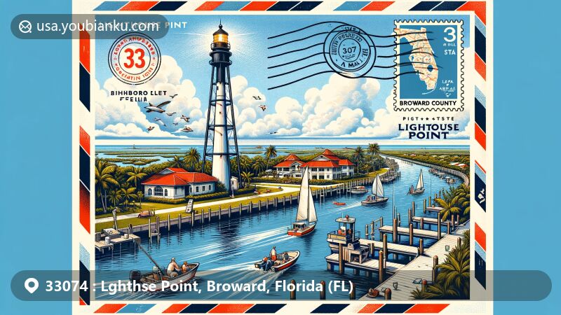 Creative illustration of Lighthouse Point, Broward County, Florida, combining postal and regional elements, featuring Hillsboro Inlet Lighthouse against vibrant blue skies and lush landscapes.