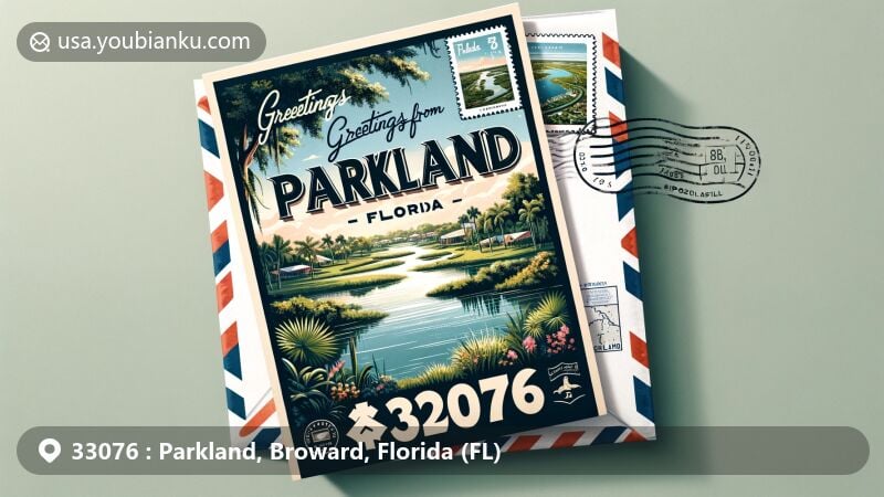 Modern illustration representing Parkland, Broward, Florida, with ZIP code 33076, featuring vintage air mail envelope, postcard with scenic Parkland landmarks, and subtle postal symbols.