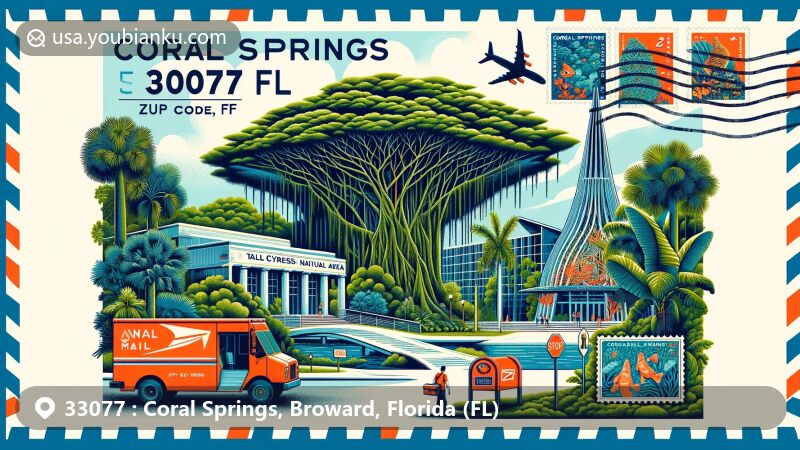 Modern illustration of Coral Springs, Broward, Florida, showcasing Tall Cypress Natural Area, Broward Stage Door Theatre, and Coral Springs Museum of Art, with postal theme including air mail envelope, stamps, and mailbox.