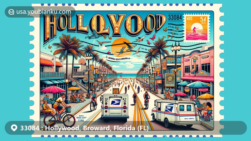 Vibrant illustration of Hollywood, Broward County, Florida, blending Hollywood Beach Broadwalk with postal service motifs, centered around ZIP code 33084, featuring palm trees, beach scene, cyclists, and Florida state flag stamps.