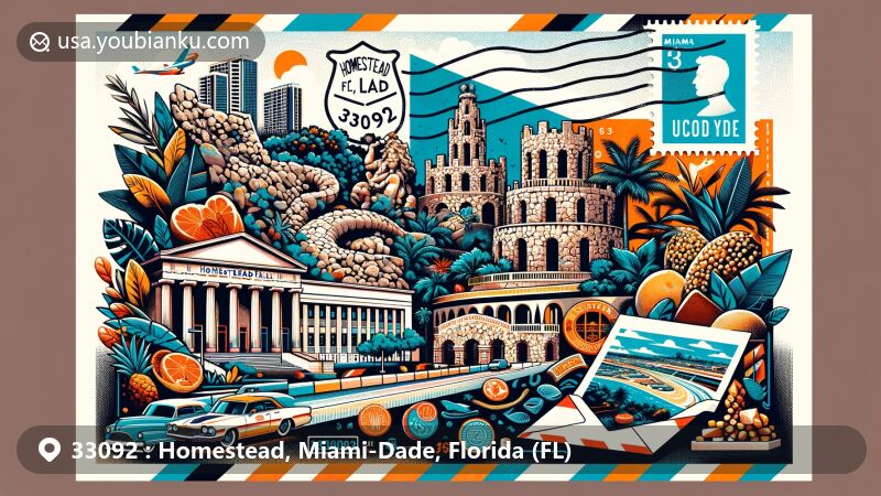 Modern illustration of Homestead, Miami-Dade County, Florida, blending local landmarks with postal elements, featuring Coral Castle and Fruit and Spice Park.
