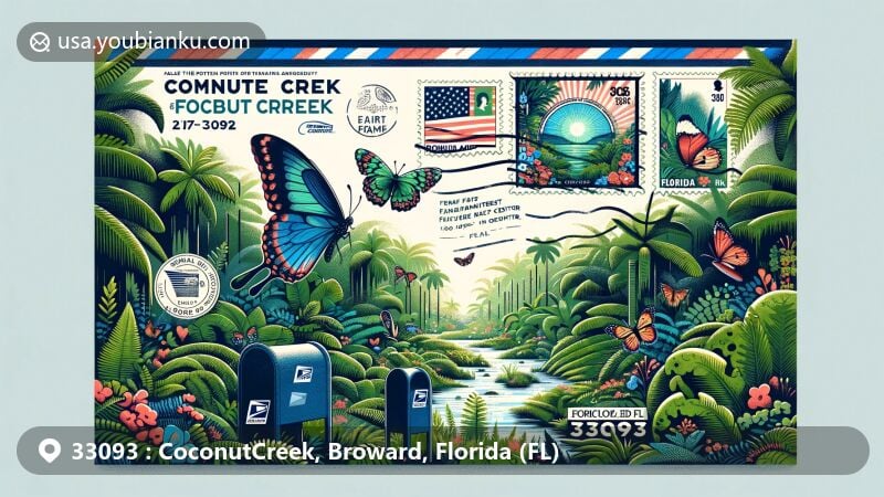 Modern illustration of Coconut Creek, Broward, Florida, highlighting postal theme with ZIP code 33093, featuring Fern Forest Nature Center and Butterfly Capital of the World.