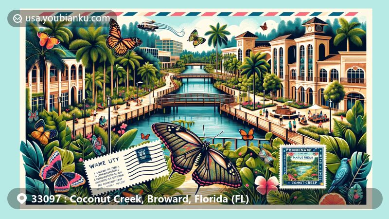 Modern illustration of Coconut Creek, Broward County, Florida, showcasing iconic locations including Butterfly World, the Promenade at Coconut Creek, and Fern Forest Nature Center, capturing the city's natural beauty and urban amenities.