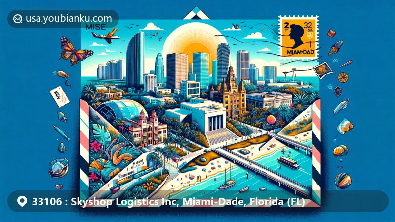 Modern illustration of Miami-Dade County, Florida, highlighting postal theme with ZIP code 33106, featuring Pérez Art Museum Miami, Wynwood Walls, Vizcaya Museum and Gardens, The Biltmore Hotel, Freedom Tower, and Little Havana.