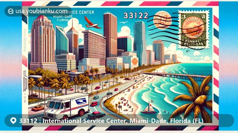 Modern illustration of International Service Center, Miami-Dade, Florida, highlighting ZIP code 33112, merging Miami elements with postal themes, featuring vibrant skyline, palm trees, and Miami Beach coastline.