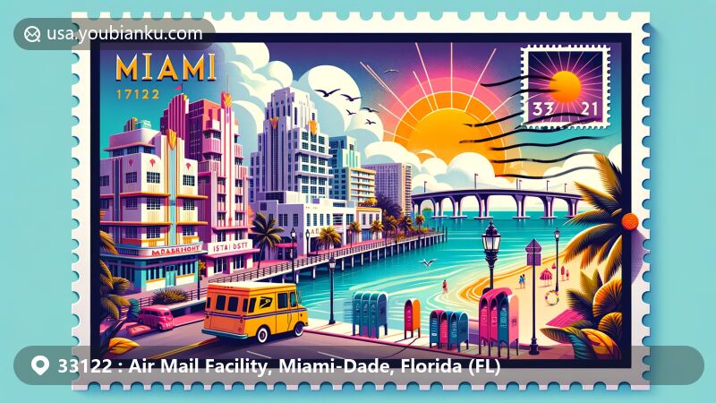 Modern illustration of Miami's iconic Art Deco District and the MacArthur Causeway, featuring Art Deco-style buildings and the bridge, capturing Miami's history and architectural beauty.