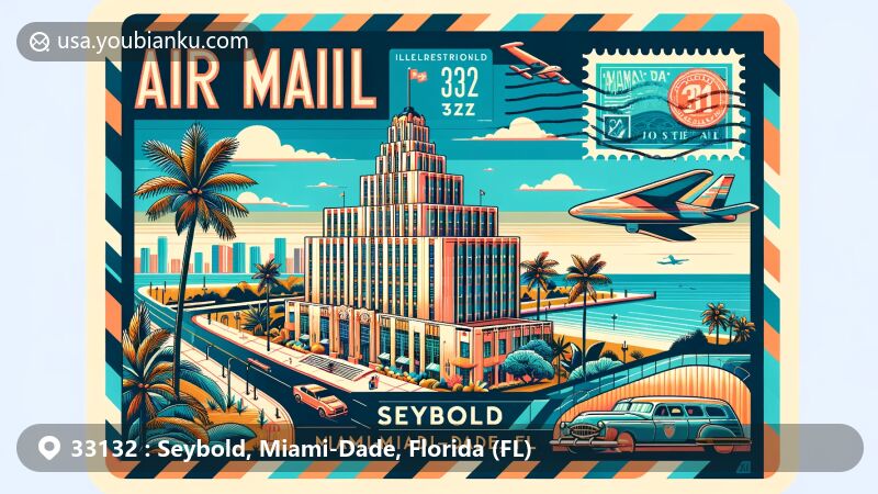 Modern illustration of Seybold, Miami-Dade, Florida, showcasing postal theme with ZIP code 33132, featuring Seybold Building, Biscayne Bay, and Florida state flag.