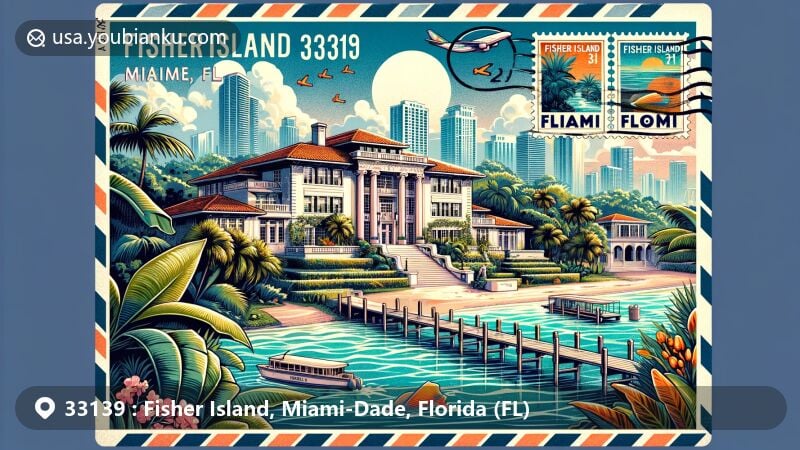 Modern illustration of Fisher Island, Miami-Dade County, Florida, highlighting ZIP code 33139, featuring Vanderbilt Mansion, tropical vegetation, Miami skyline, Biscayne Bay, Florida state flag elements, and modern postal theme.