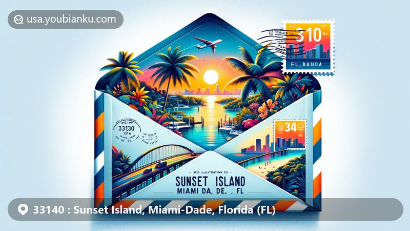 Modern illustration of Sunset Island, Miami-Dade, Florida, showcasing luxury island lifestyle with tropical vegetation, waterfront landscapes, iconic palm trees, and Biscayne Bay.