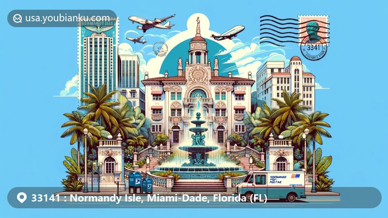 Modern illustration of Normandy Isle, Miami-Dade, Florida, highlighting Vendome Fountain and European architectural style, set in a postal theme with postmark '33141 Normandy Isle' and Miami-Dade landmarks.