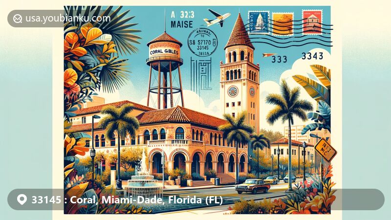Modern illustration of the 33145 ZIP code area in Coral Gables, Miami-Dade County, Florida, highlighting Mediterranean Revival architecture and iconic landmarks like Coral Gables City Hall and Alhambra Water Tower.
