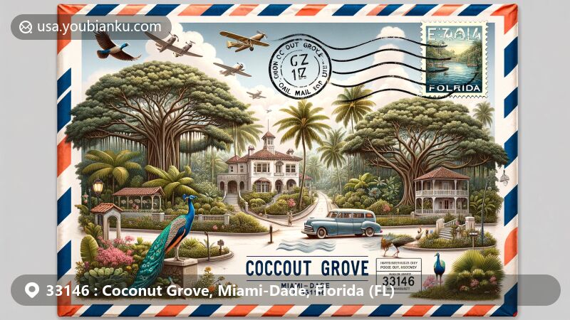 Modern illustration of Coconut Grove, Miami-Dade, Florida (FL) showcasing vibrant scene with vintage airmail envelope, lush tropical landscapes, iconic landmarks like Vizcaya Museum and Gardens, E.W.F. Stirrup residence, peacocks, and cultural festivals.