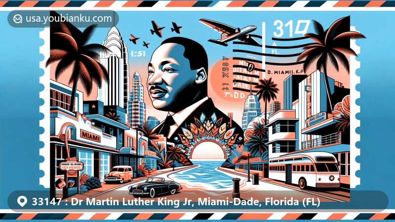Modern illustration of Dr. Martin Luther King Jr., Miami-Dade, Florida, combining cultural elements with postal theme for ZIP code 33147, featuring vibrant Miami-Dade culture and iconic imagery like the Dr. Martin Luther King Jr. mural, palm trees, and Art Deco buildings.