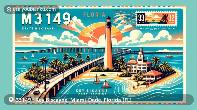 Modern illustration of Key Biscayne, Florida, showcasing postal theme with ZIP code 33149, featuring Cape Florida Lighthouse and Rickenbacker Causeway.