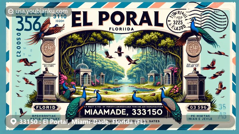 Modern illustration of El Portal, Miami-Dade, Florida, highlighting regional and postal elements, with lush bird sanctuary landscape, Tequesta Indian Burial site, and vintage postcard design, symbolizing cultural heritage and ZIP code 33150.