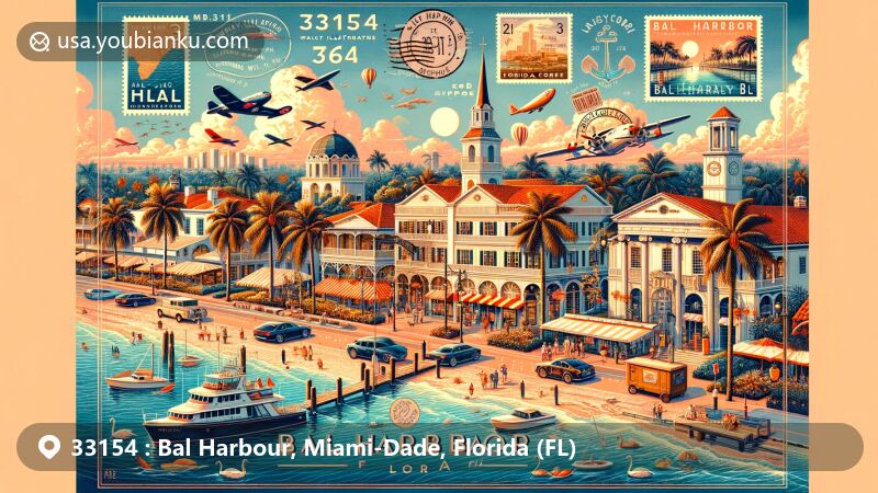 Modern illustration of Bal Harbour, Florida, in ZIP code 33154, highlighting Bal Harbour Shops and an air mail envelope with local landmarks stamps, alongside the Church by the Sea and military history nods.