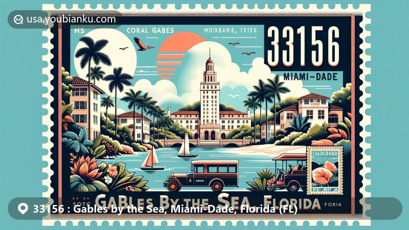 Modern illustration of Gables by the Sea, Miami-Dade, Florida, featuring Coral Gables' Mediterranean Revival architecture, Biltmore Hotel, and lush landscapes, foreground showcasing Matheson Hammock Park, Coral Gables Art Cinema, and Fairchild Tropical Botanic Garden, postal theme with vintage postcard layout and ZIP code 33156, Florida state flag.